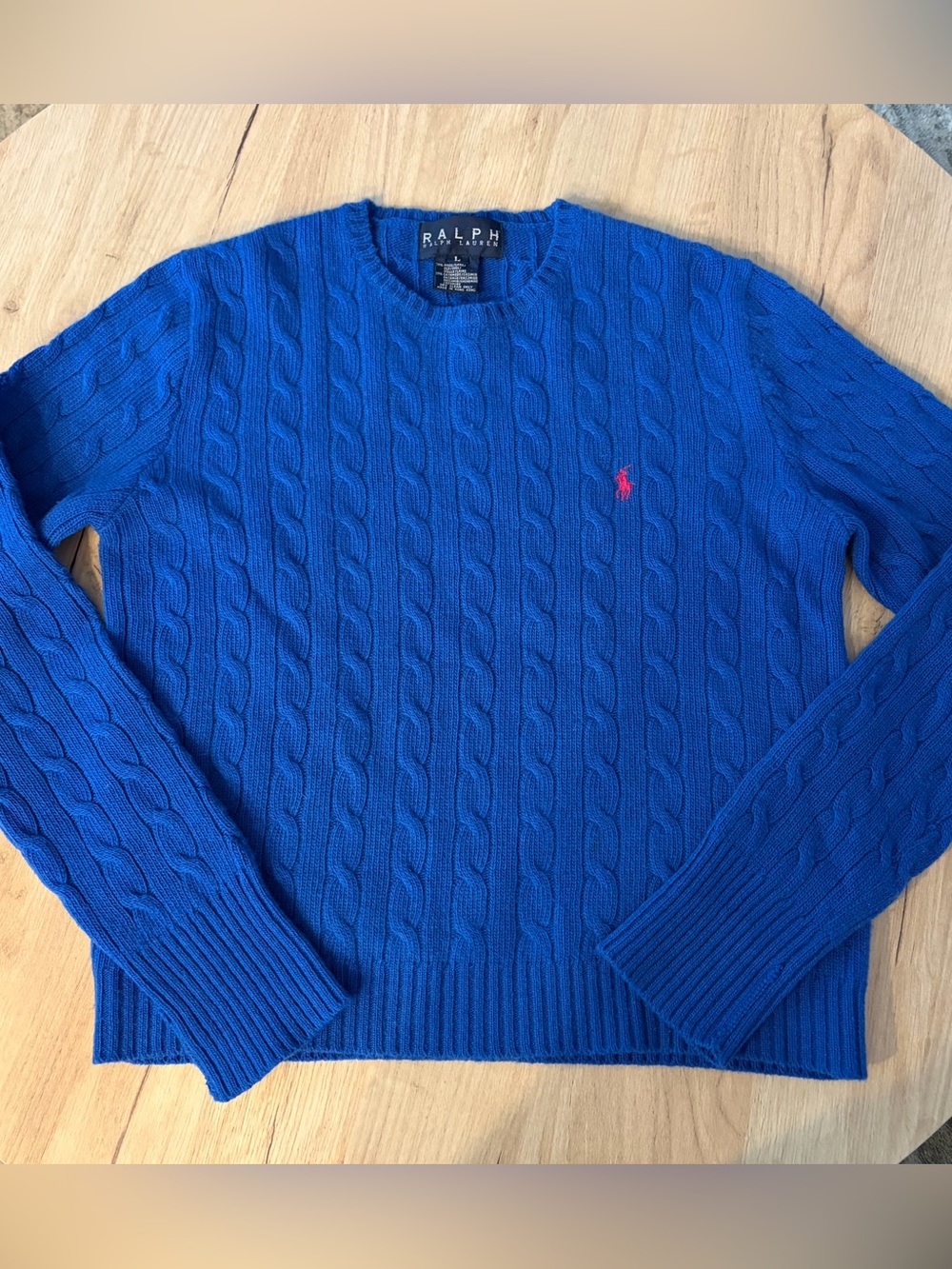 RALPH LAUREN BLUE CABLE KNIT WOOL CASHMERE PONY SWEATER WOMENS LARGE